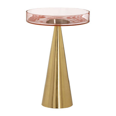 Clear Large Side Table with Pink Tinted Glass Top and Conical Metal Base, Martini