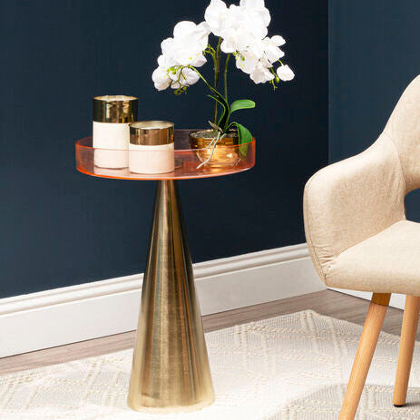 Clear Large Side Table with Pink Tinted Glass Top and Conical Metal Base, Martini