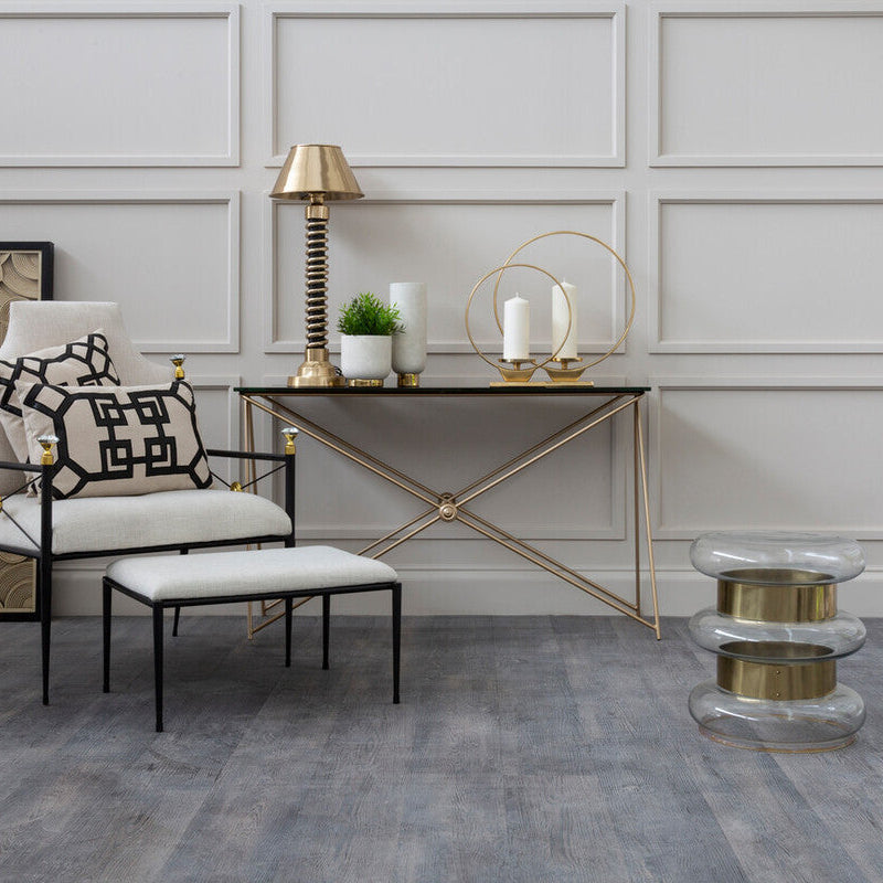Gold Finish Side Table with Clear Circular Glass Sides and Steel Frame | Margot