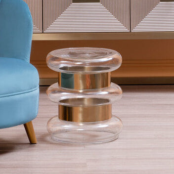 Gold Finish Side Table with Clear Circular Glass Sides and Steel Frame, Margot