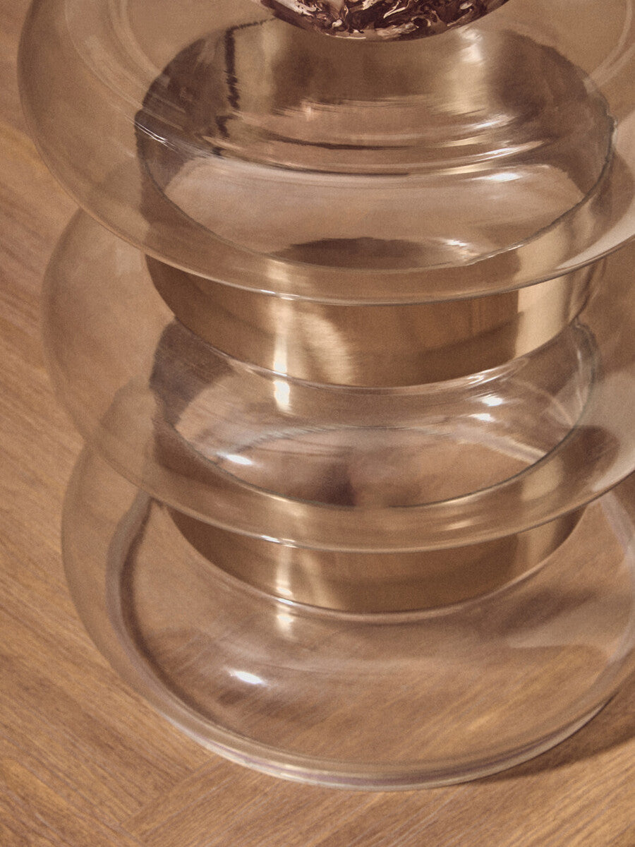 Gold Finish Side Table with Clear Circular Glass Sides and Steel Frame | Margot