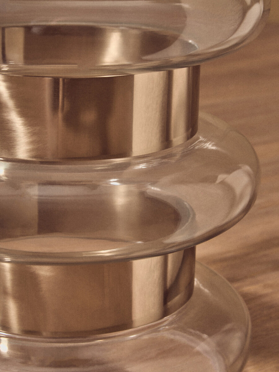 Gold Finish Side Table with Clear Circular Glass Sides and Steel Frame | Margot