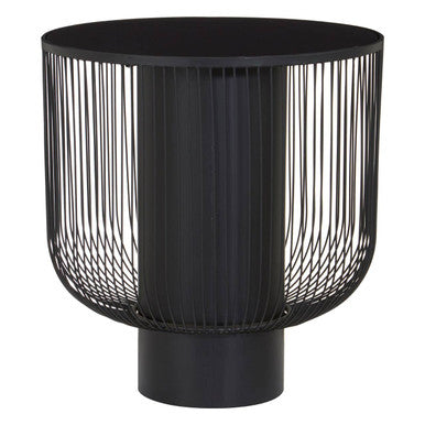 Black Glass Top Round End Table with Matte Black Cylindrical Wireframe Base | Trento