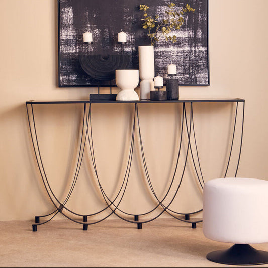 Black Glass Top Console Table with Black Iron Overlapping Curved Base, Trento