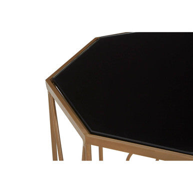 Set of 2 Black Glass Hexagon End Tables with Copper Finish Metal Cross Frame Base | Trento