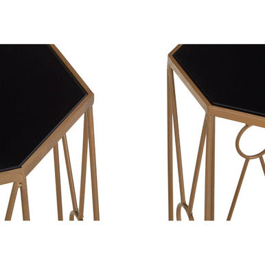 Set of 2 Black Glass Hexagon End Tables with Copper Finish Metal Cross Frame Base | Trento
