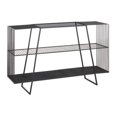 Grey Glass Console Table with Two Open Shelves and Black Metal Frame | Trento