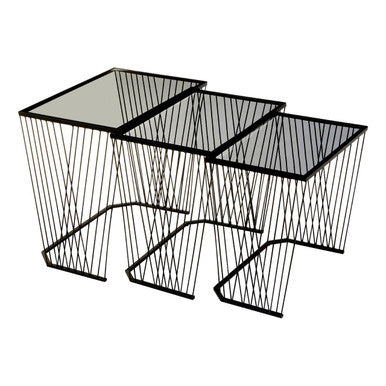 Set of 3 Smoky Grey Glass Tops Nesting Side Tables with Black Metal Wire Frames | Trento