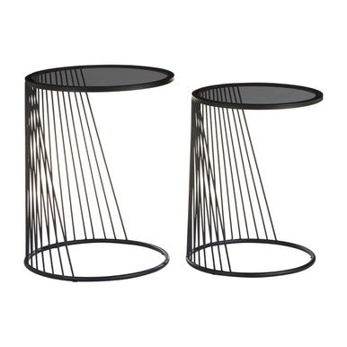 Set of 2 Grey Glass Top Nesting Side Tables with Black Metal Wire Frame, Trento