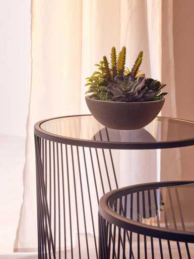 Set of 2 Grey Glass Top Nesting Side Tables with Black Metal Wire Frame, Trento