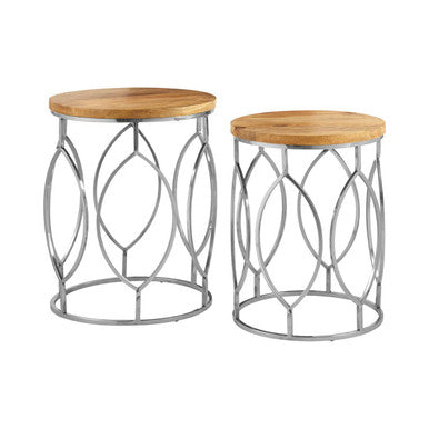 Set of 2 Natural Mango Wood Round Top Side Tables with Reflective Stainless Steel Base | Agra