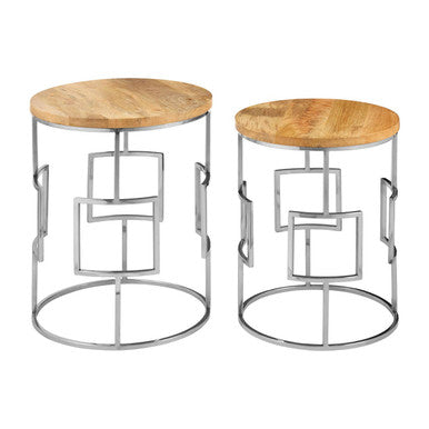 Set of 2 Natural Mango Wood Nesting Tables with Reflective Stainless Steel Base | Agra