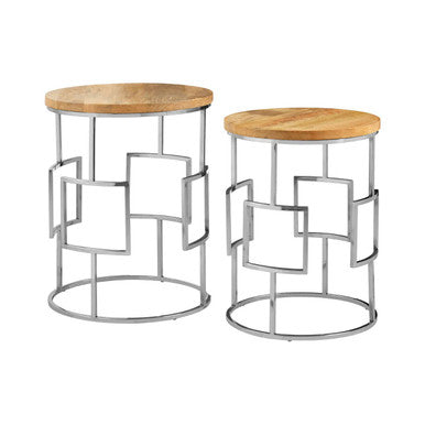 Set of 2 Natural Mango Wood Nesting Tables with Reflective Stainless Steel Base | Agra