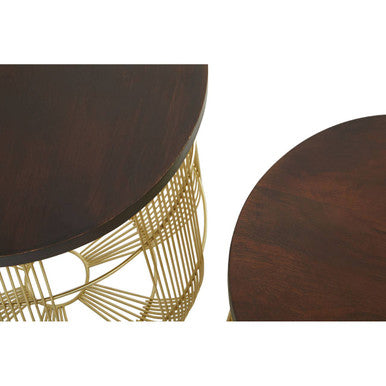 Set of 2 Brown Mango Wood Side Tables with Gold Finish Metal Base | Agra