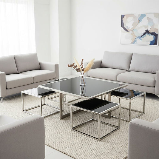 Black Tempered Glass Top and Silver Stainless Steel Frame Coffee Table with 4 Nesting Stools, Horizon