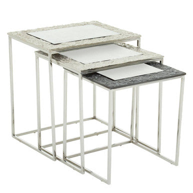 Antique Glass Top Rectangular Set of 3 Nesting Side Tables with Nickel and Gunmetal Frame | Akola
