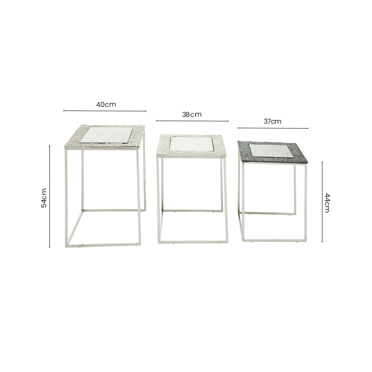Antique Glass Top Rectangular Set of 3 Nesting Side Tables with Nickel and Gunmetal Frame | Akola