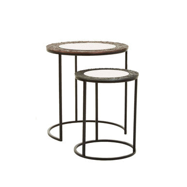 Antique Copper and Gunmetal Set of 2 Round Nesting Side Tables with Antiqued Glass Tops and Black Metal Frame, Akola