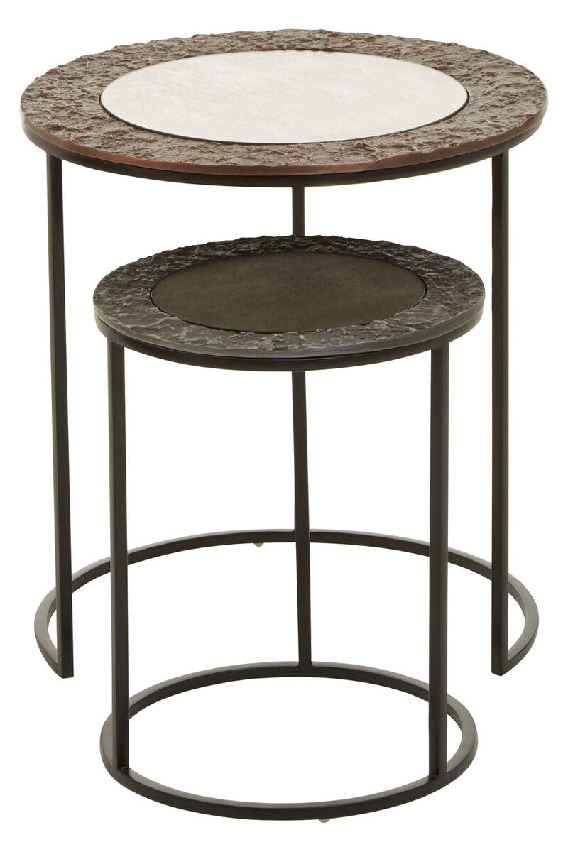 Antique Copper and Gunmetal Set of 2 Round Nesting Side Tables with Antiqued Glass Tops and Black Metal Frame, Akola