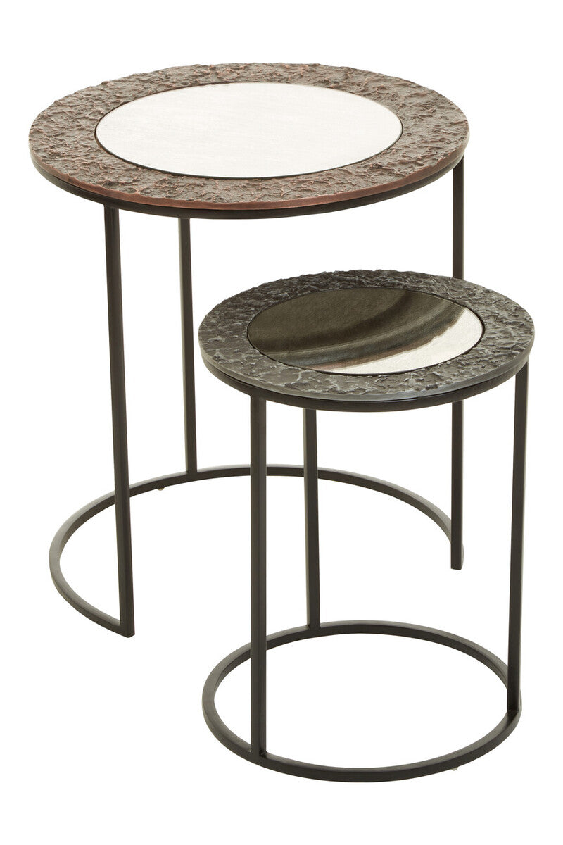 Antique Copper and Gunmetal Set of 2 Round Nesting Side Tables with Antiqued Glass Tops and Black Metal Frame, Akola