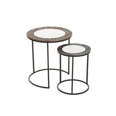 Antique Copper and Gunmetal Set of 2 Round Nesting Side Tables with Antiqued Glass Tops and Black Metal Frame, Akola