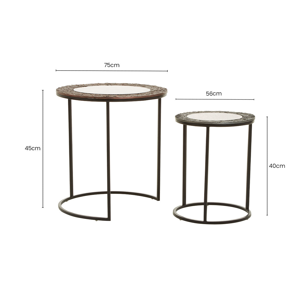 Antique Copper and Gunmetal Set of 2 Round Nesting Side Tables with Antiqued Glass Tops and Black Metal Frame, Akola