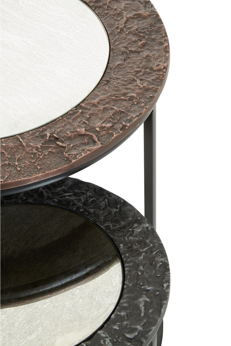 Antique Copper and Gunmetal Set of 2 Round Nesting Side Tables with Antiqued Glass Tops and Black Metal Frame, Akola