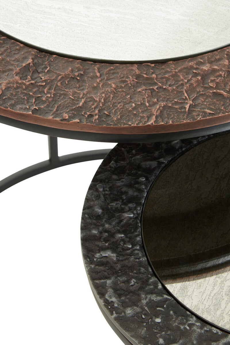 Antique Copper and Gunmetal Set of 2 Round Nesting Side Tables with Antiqued Glass Tops and Black Metal Frame, Akola
