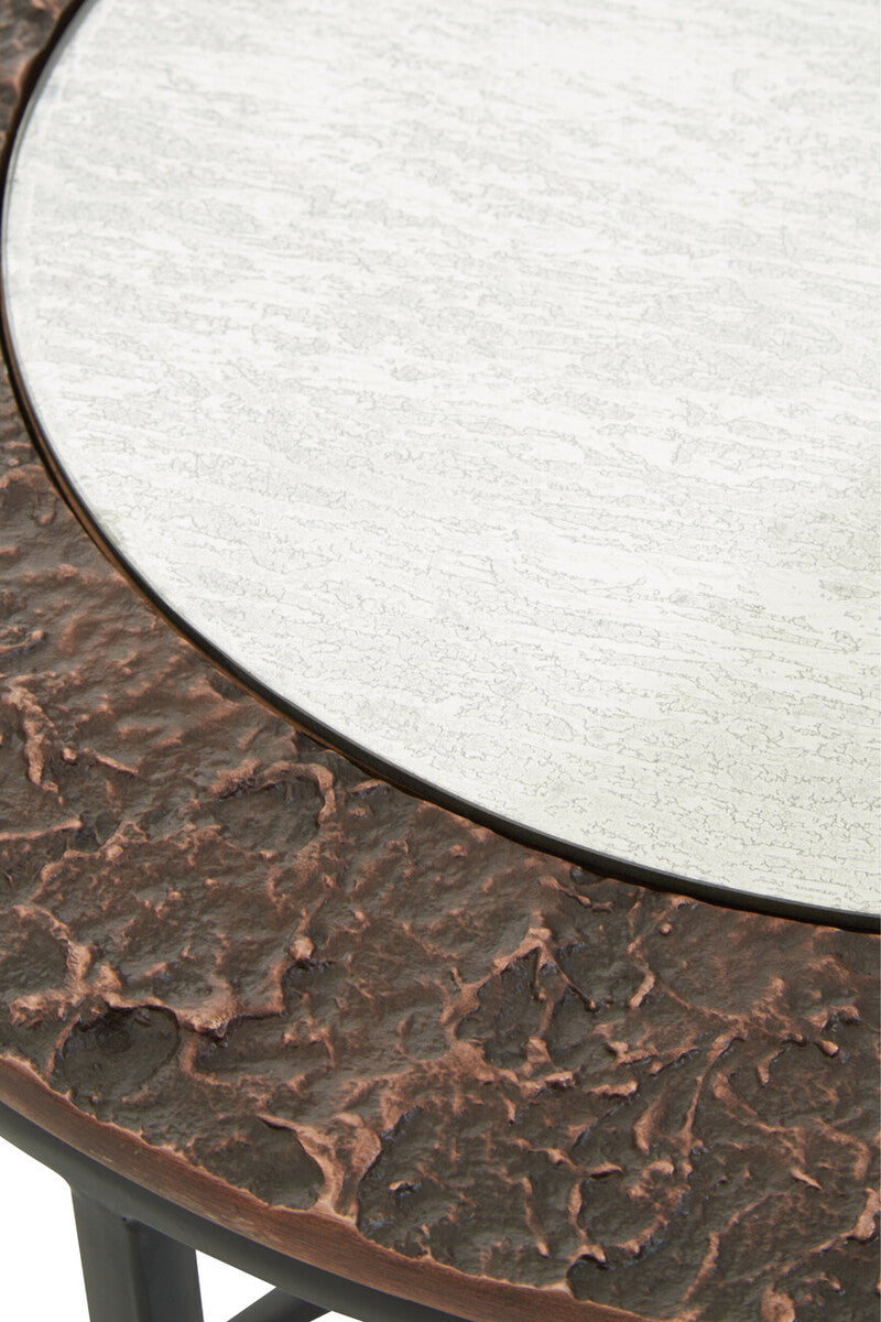 Antique Copper and Gunmetal Set of 2 Round Nesting Side Tables with Antiqued Glass Tops and Black Metal Frame, Akola