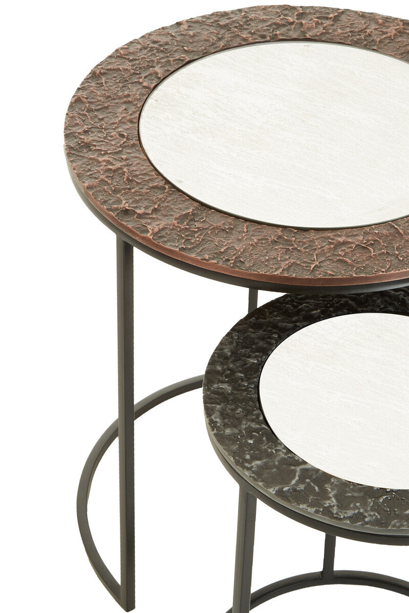 Antique Copper and Gunmetal Set of 2 Round Nesting Side Tables with Antiqued Glass Tops and Black Metal Frame, Akola