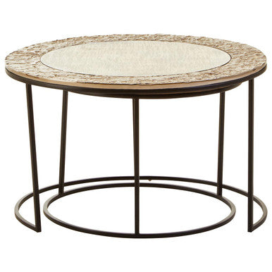 Antiqued Glass Tops Set of 2 Round Nesting Coffee Tables with Black Metal Frame, Akola