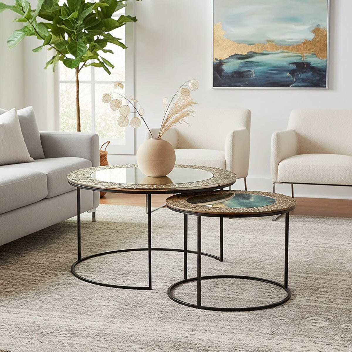 Antiqued Glass Tops Set of 2 Round Nesting Coffee Tables with Black Metal Frame, Akola