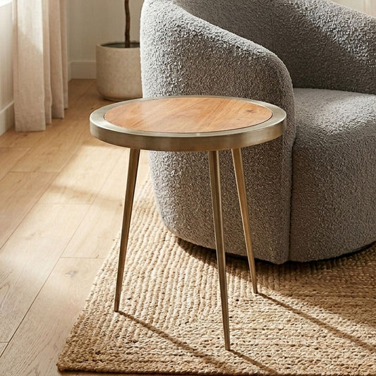 Natural Acacia Wood Round Side Table with Gold Aluminium Border and Legs | Almora