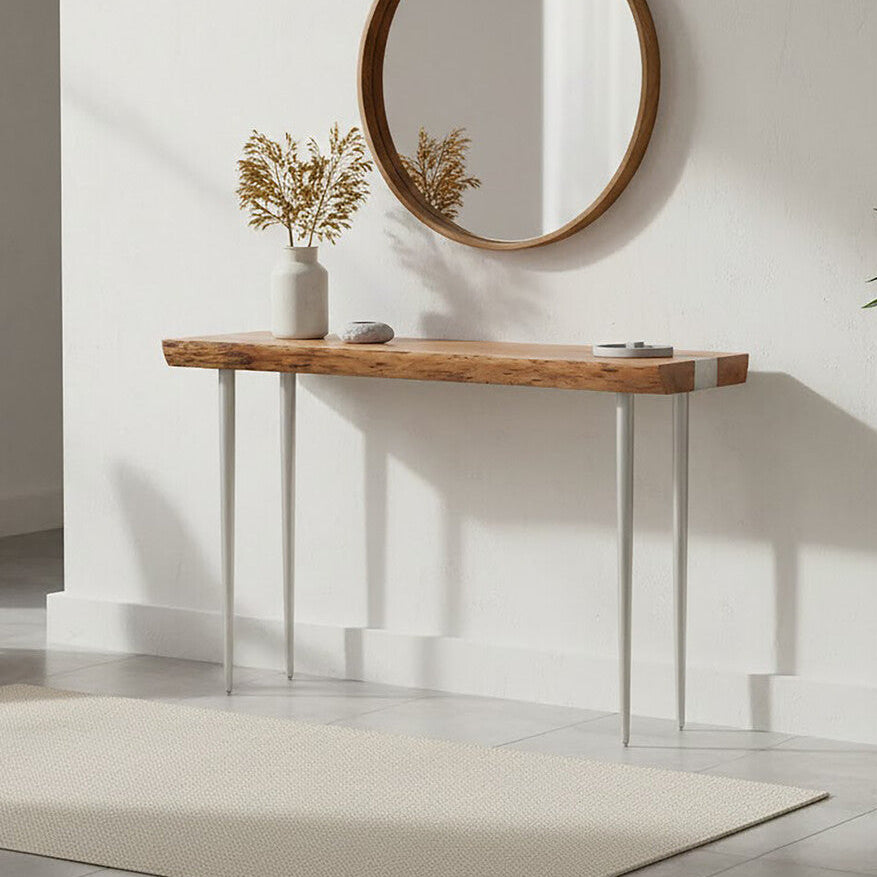 Almora Brown Acacia Wood Console Table with Silver Metal Legs
