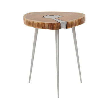 Natural Acacia Wood Slice Side Table with Silver Metallic Centre and Aluminium Legs, Almora