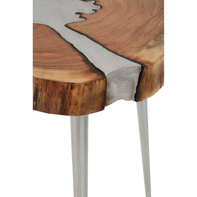 Almora Natural Acacia Wood Log Side Table with Silver Aluminium Legs