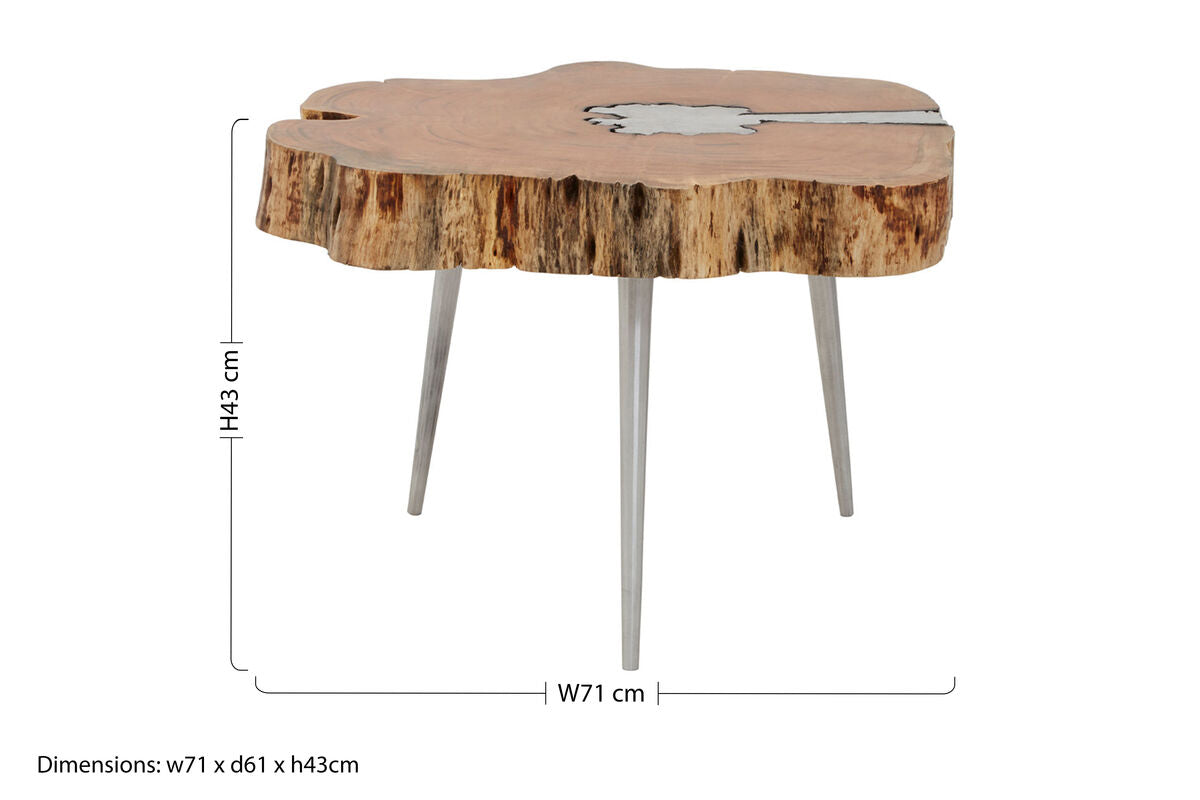Natural Acacia Wood Log Slice Coffee Table with Silver Centre Detail and Aluminium Splayed Legs | Almora
