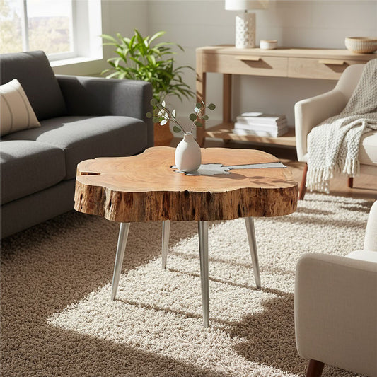 Natural Acacia Wood Log Slice Coffee Table with Silver Centre Detail and Aluminium Splayed Legs, Almora