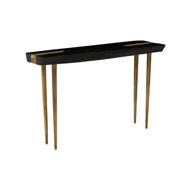 Black Acacia Wood Console Table with Gold Aluminium Filling Detail and Gold Metal Legs, Asamra