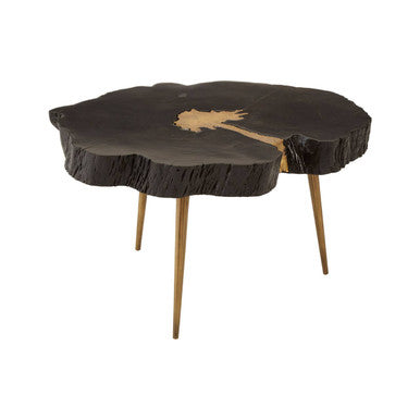 Black Acacia wood Slice Side Table with Gold Metallic Centre and Aluminium Legs, Asamra