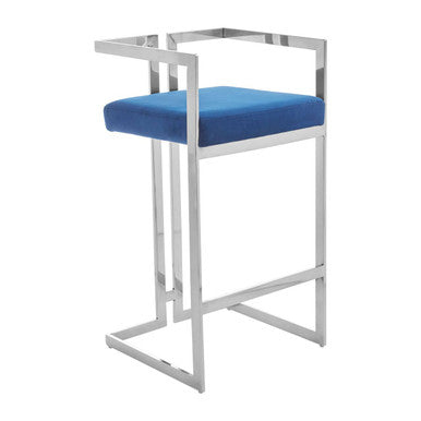 Azalea Blue Velvet Bar Stool With Silver Frame