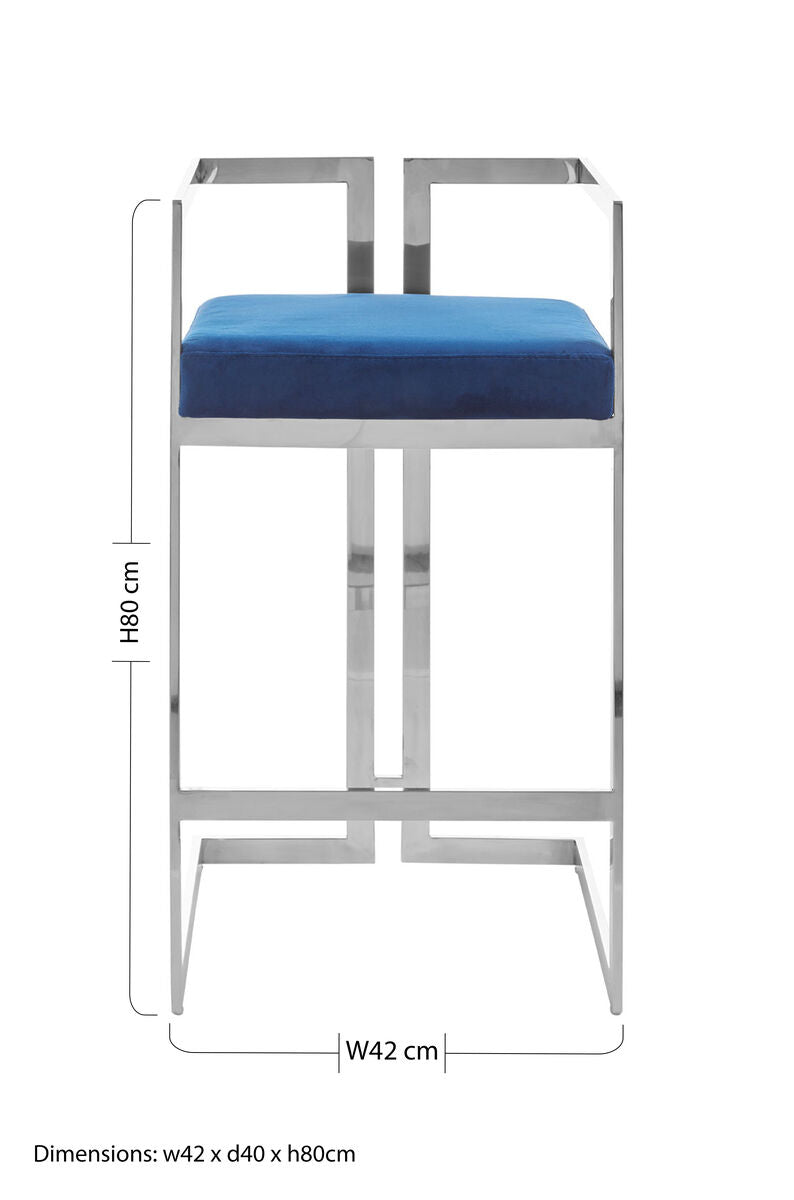 Azalea Blue Velvet Bar Stool With Silver Frame