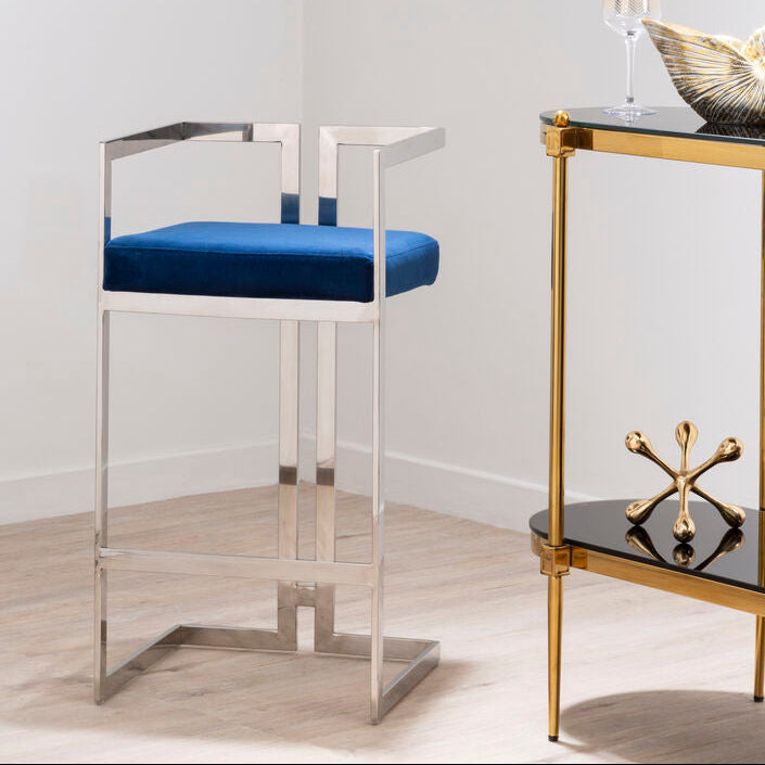Azalea Blue Velvet Bar Stool With Silver Frame