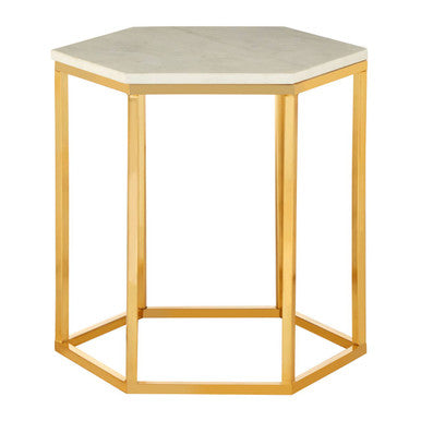 White Marble Tops Hexagonal Side Tables with Gold Finish Metal Frame | Templar