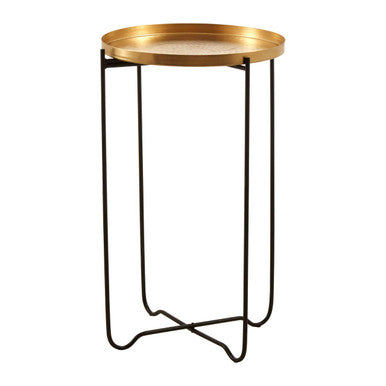 Gold Finish Round Top Side Table with Black Slim Metallic Frame and Intersecting Sledge Base | Templar