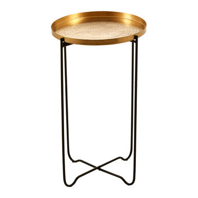 Gold Finish Round Top Side Table with Black Slim Metallic Frame and Intersecting Sledge Base | Templar