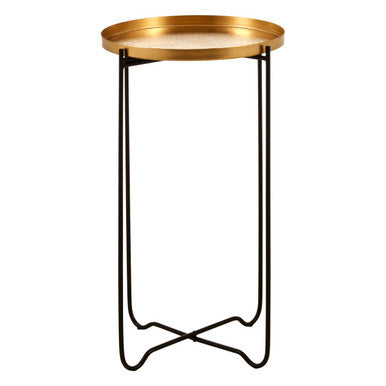Gold Finish Round Top Side Table with Black Slim Metallic Frame and Intersecting Sledge Base | Templar