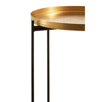 Gold Finish Round Top Side Table with Black Slim Metallic Frame and Intersecting Sledge Base | Templar