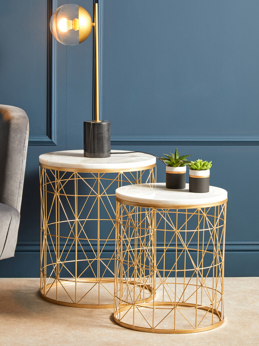 Set of 2 White Marble Top Round Side Tables with Gold Geometric Open Frame Bases | Avantis