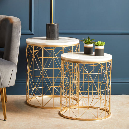 Set of 2 White Marble Top Round Side Tables with Gold Geometric Open Frame Bases, Avantis